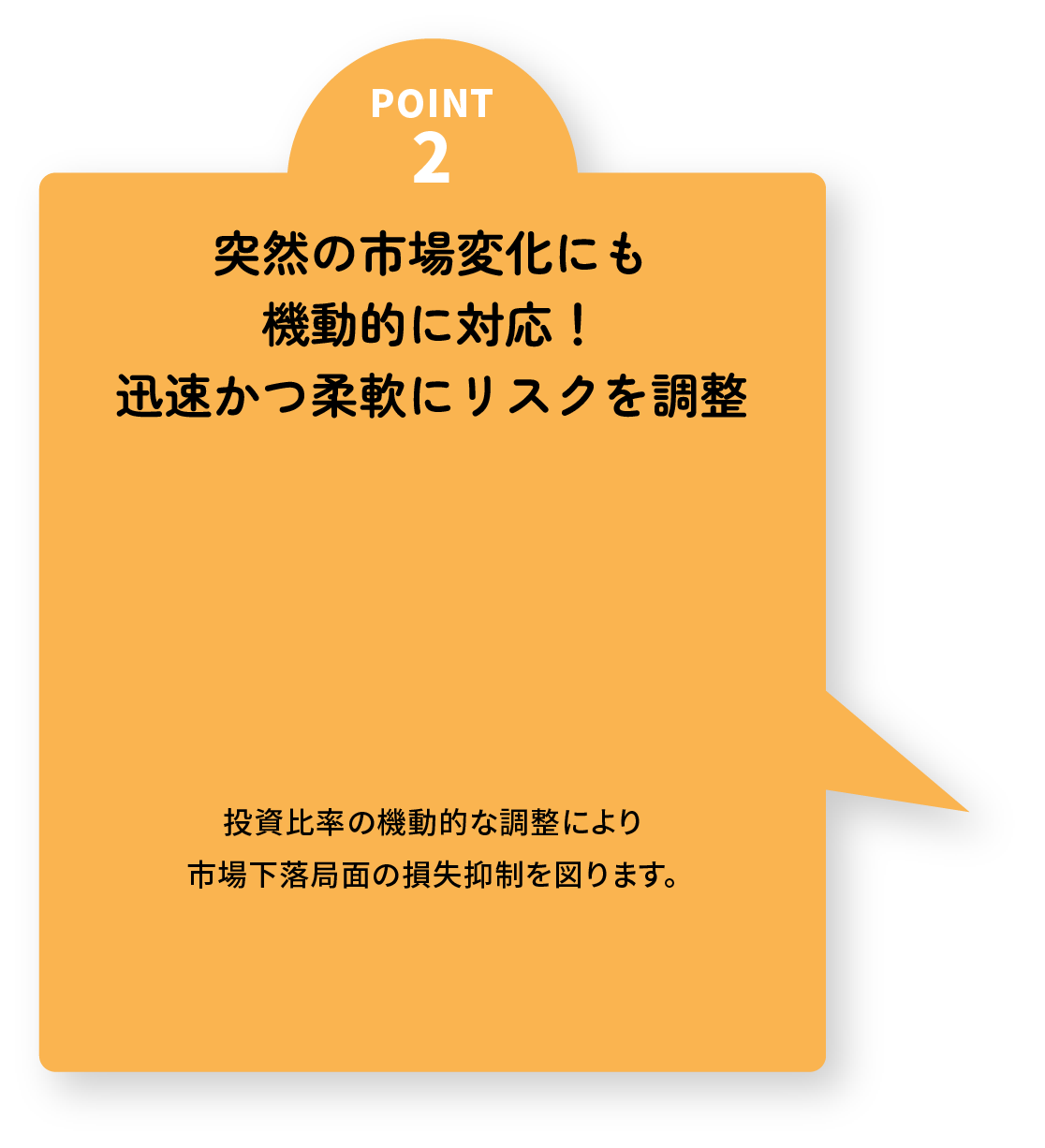 突然の市場変化にも機動的に素早く対応！迅速かつ柔軟にリスクを調整 投資比率の機動的な調整により市場下落局面の損失抑制を図ります。